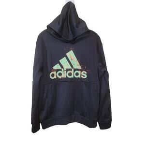 Adidas Unisex Graphic Print Hoodie Sweatshirt Kangaroo Pocket Black Medium